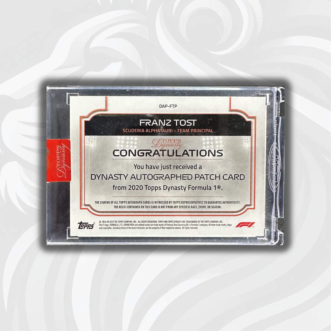 PSA - 1/5 Franz Tost - 2020 Topps Dynasty F1 - Autographed Patch Card - Back
