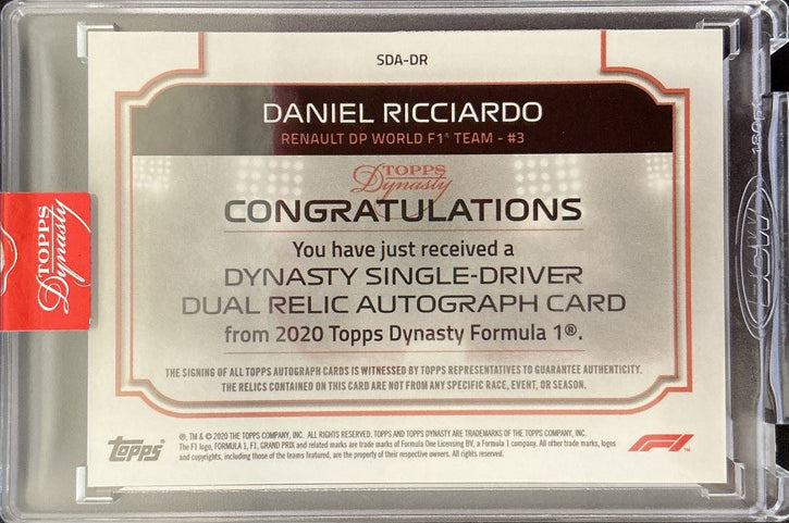 /10  Daniel Ricciardo #SDA-DR - Dual Relic Auto - 2020 Topps Dynasty F1