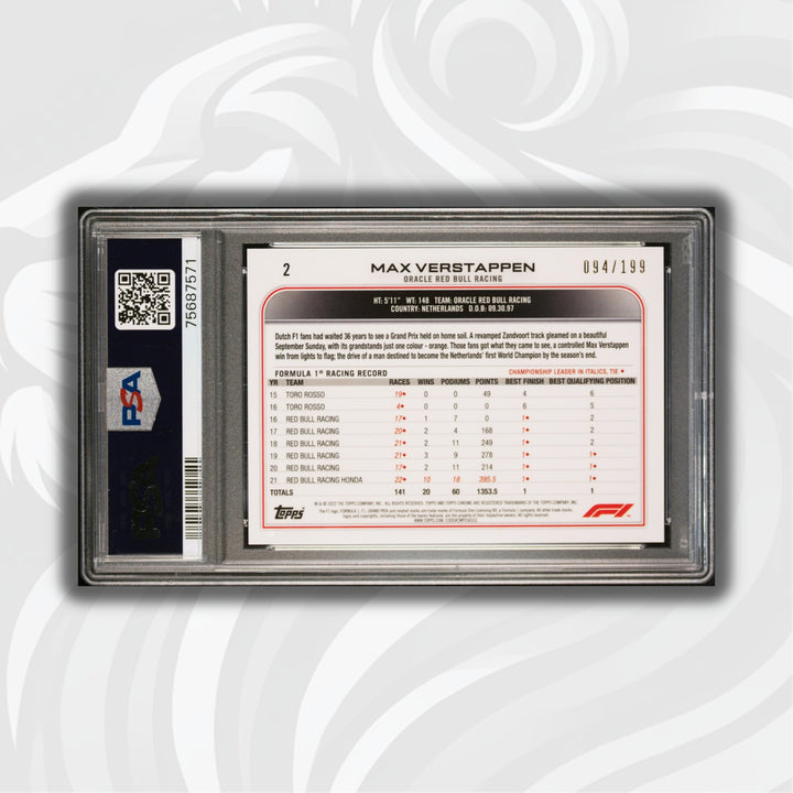 PSA 10 - 094/199 Max Verstappen #2 - Sapphire - SSP Chartreuse - 2022 Topps Chrome F1