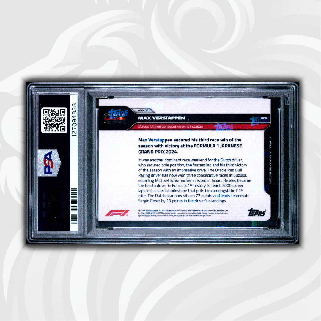 PSA 10 - 02/10 Max Verstappen #8 - Makes it three consecutive wins in Japan - 2024 Topps Now Formula 1