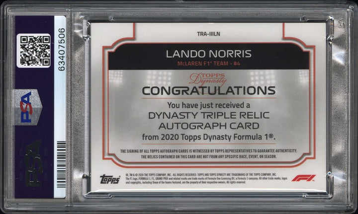 PSA 9 - 02/10 - Lando Norris #TRA-IIILN - Dynasty Triple Relic Autograph