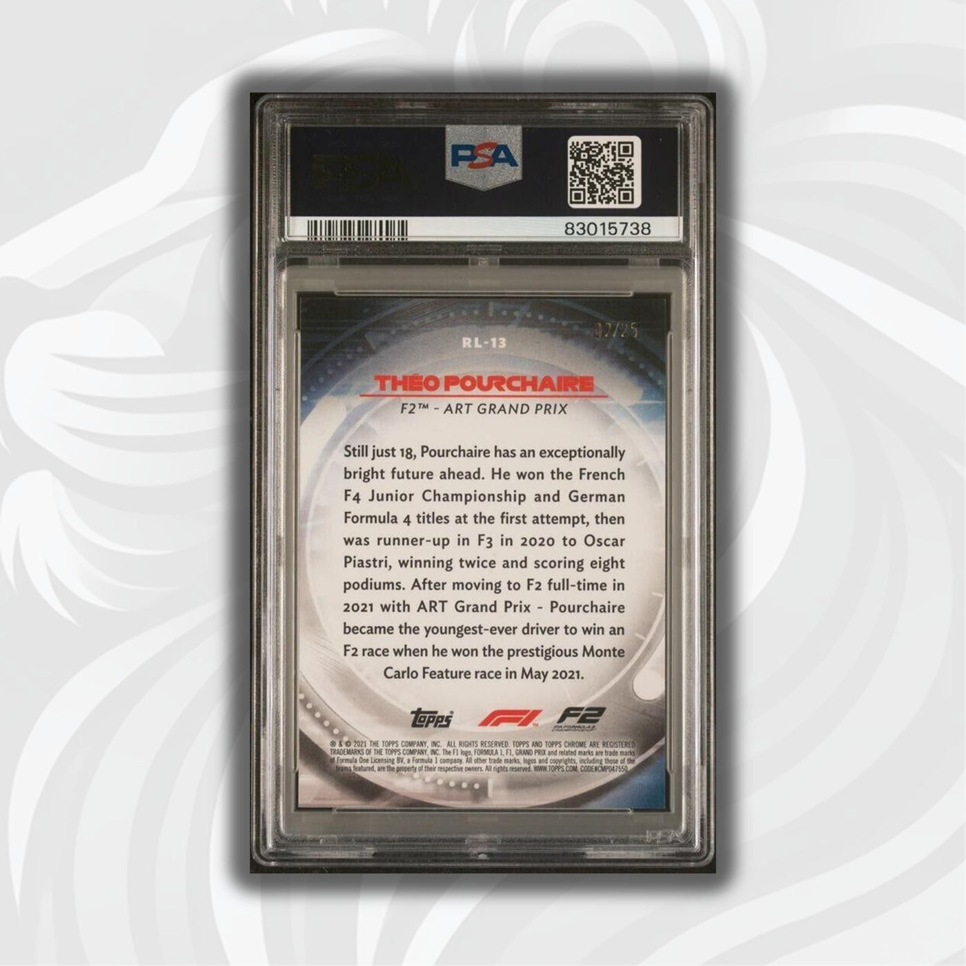 PSA 9 - 02/25 Theo Pourchaire #RL13 - Redliners - Orange - 2021 Topps Chrome F1