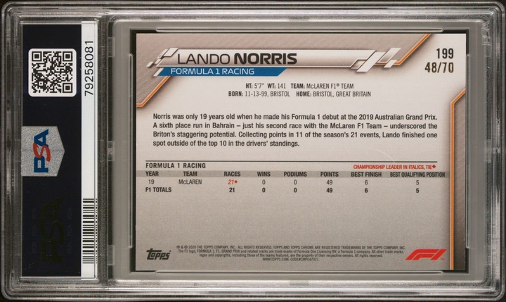 PSA 8 - Lando Norris #199 Sapphire 70th Rookie - 2020 Topps Chrome F1