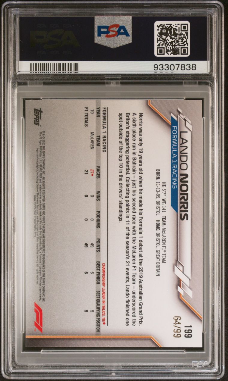 PSA 8 - 64/99 Lando Norris #199 - Sapphire Edition Aqua - Rookie Card
