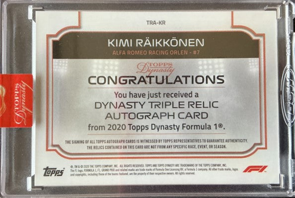 07/10 - Kimi Raikkonen #TRA-KR - Triple Relic Autograph Card - 2020 Topps Dynasty F1