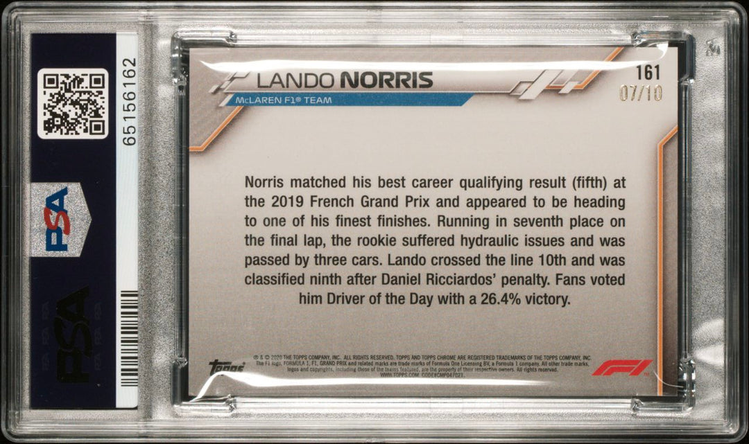 PSA 9 - 07/10 Lando Norris #161 - Sapphire - Purple -2020 Chrome F1