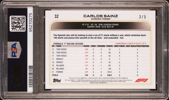 PSA 8 - 3/5 - Carlos Sainz #32 - Red - 2022 Topps Formula 1