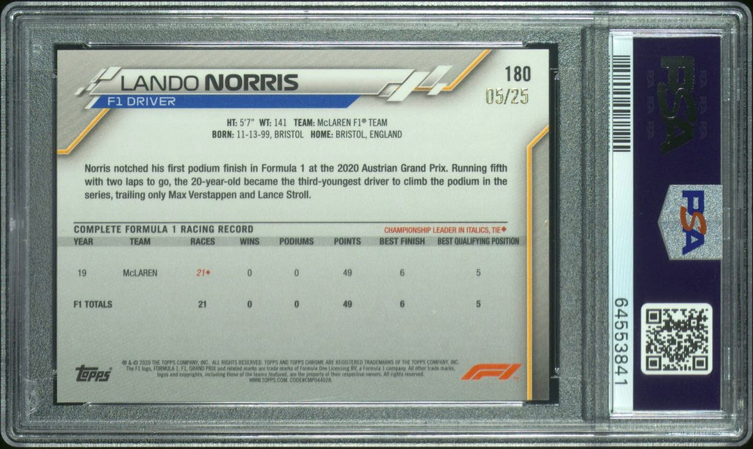 PSA 8 - 05/25 - RC - Lando Norris #180 Orange - 2020 Topps Chrome F1 - Rookie Card