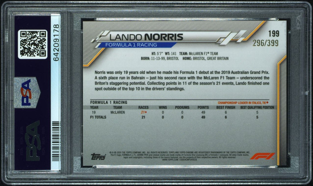 PSA 9 - 296/399 Lando Norris #199 - Purple Refractor - Rookie Card