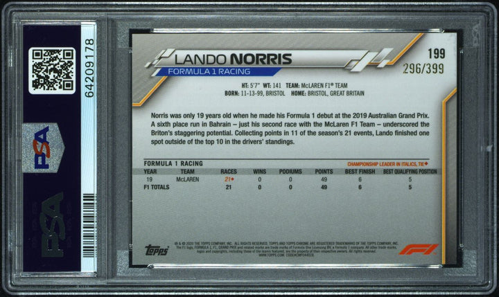PSA 9 - 296/399 Lando Norris #199 - Purple Refractor - Rookie Card