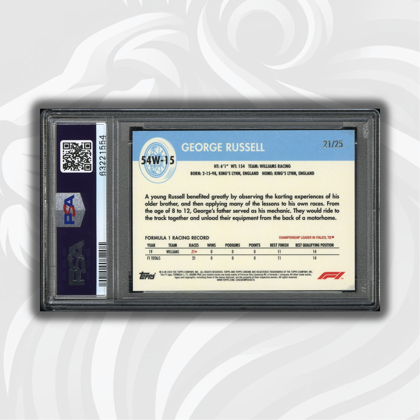 PSA 10 - 21/25 George Russell #54W-15 - 2020 Topps Chrome F1 - Orange Refractor