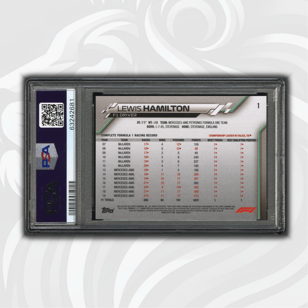 PSA 10 - Lewis Hamilton #1 - Sapphire Edition - 2020 Topps Chrome F1 - Back