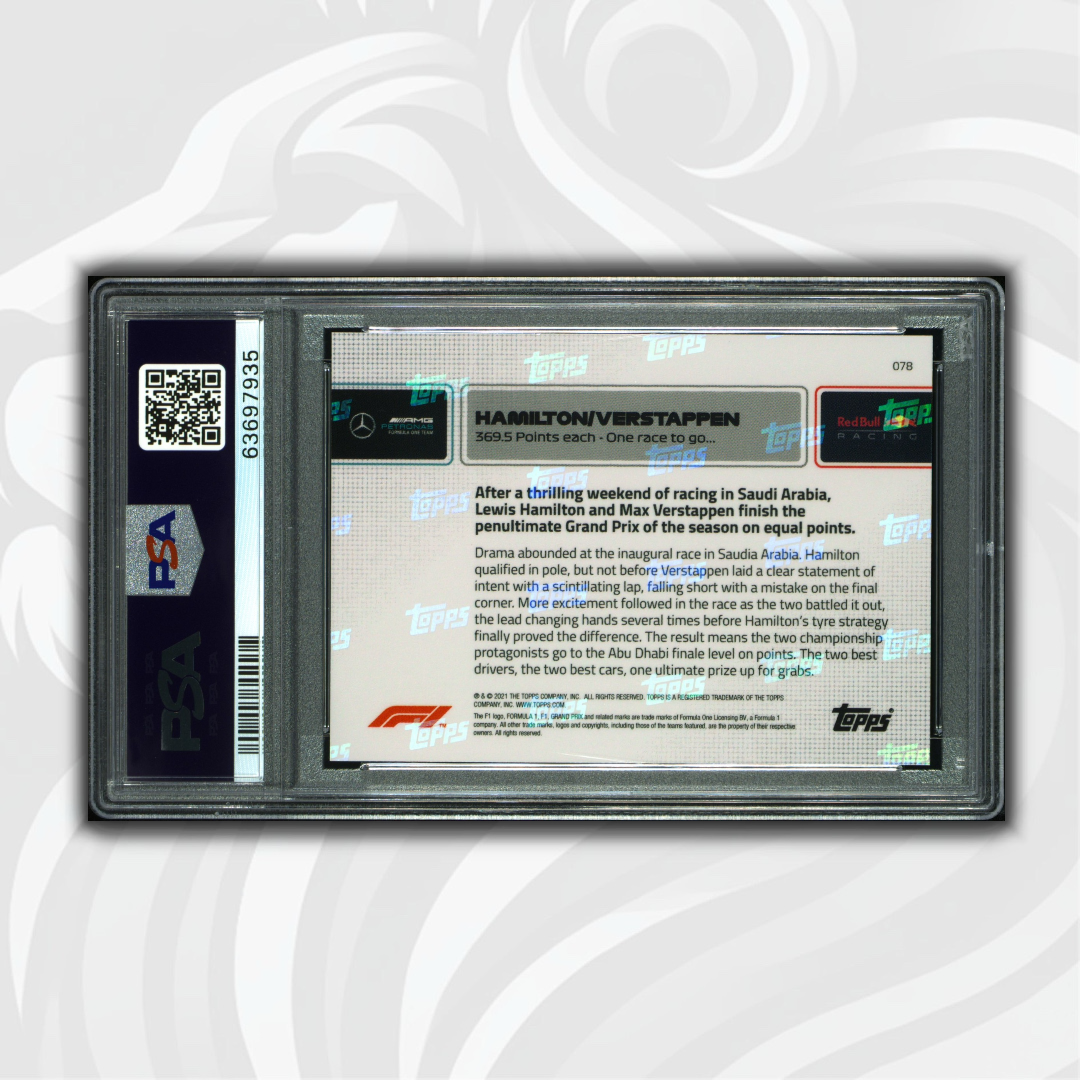 PSA 9 - 10/99 Hamilton/Verstappen #78 - 369.5 Points each - Teal/Red