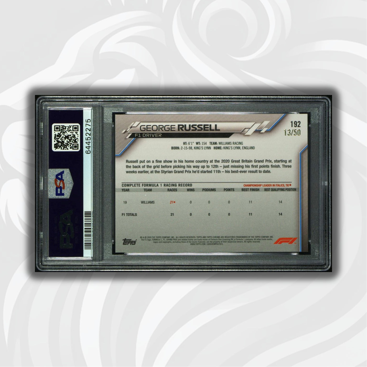 PSA 8 - 13/50 George Russell #192 - Sapphire - Gold - 2020 Topps Chrome F1 - Rookie Card
