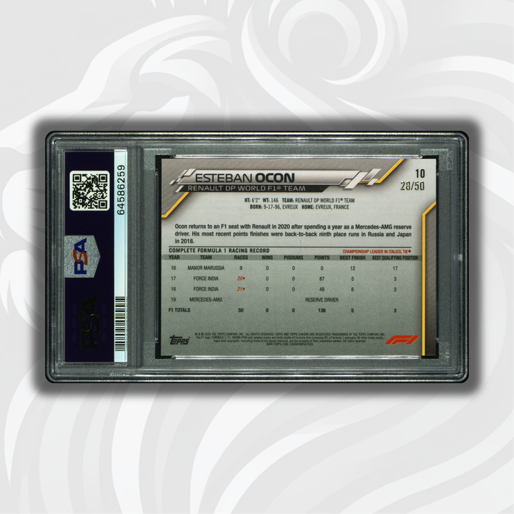 PSA 8 - 28/50 埃斯特班·奥康 #10 - 2020 Topps Chrome F1 - 蓝宝石版 SP 金