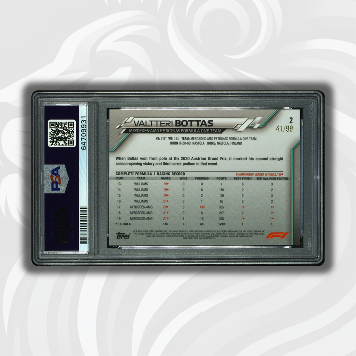 PSA 9 - 41/99 瓦尔特利·博塔斯 #2 - 2020 Topps Chrome F1 - 蓝宝石版 SP 湛蓝