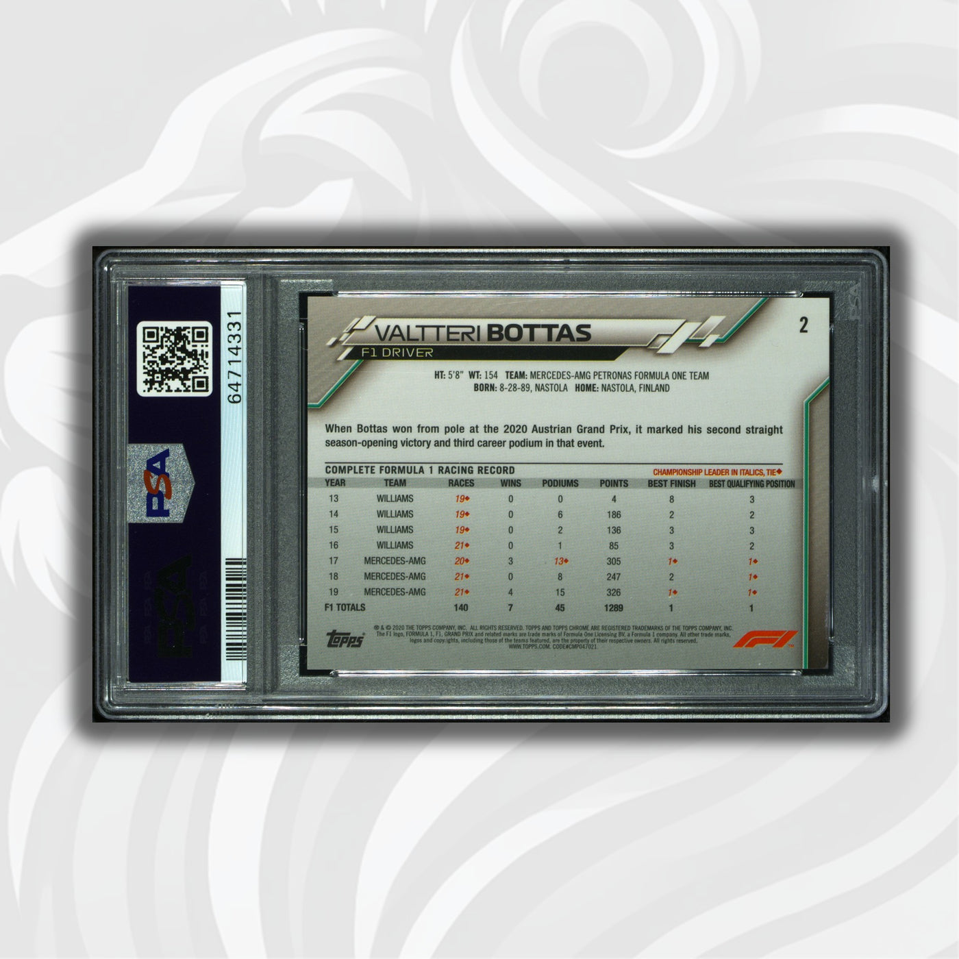 PSA 10 - Valtteri Bottas #2 – 2020 Topps Chrome F1 Sapphire Edition