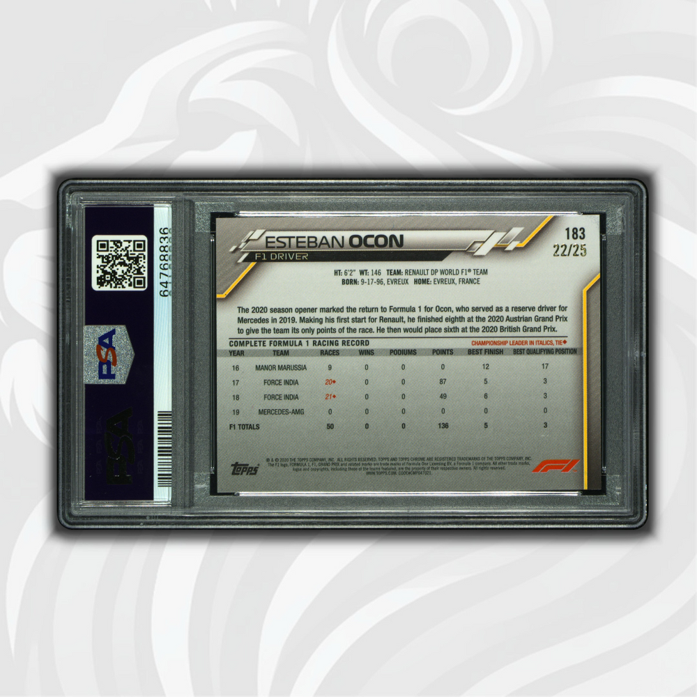 PSA 10 - Esteban Ocon #183 - Sapphire Ed Orange - 2020 Topps Chrome F1 - Back