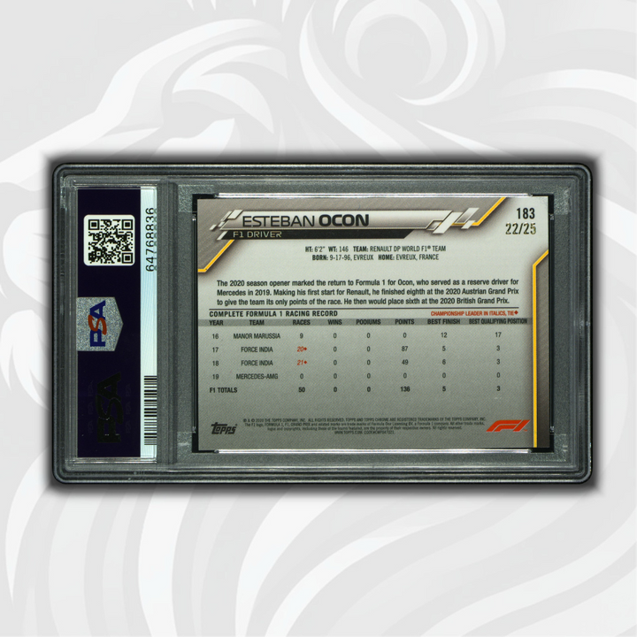 PSA 10 - Esteban Ocon #183 - Sapphire Ed Orange - 2020 Topps Chrome F1 - Back