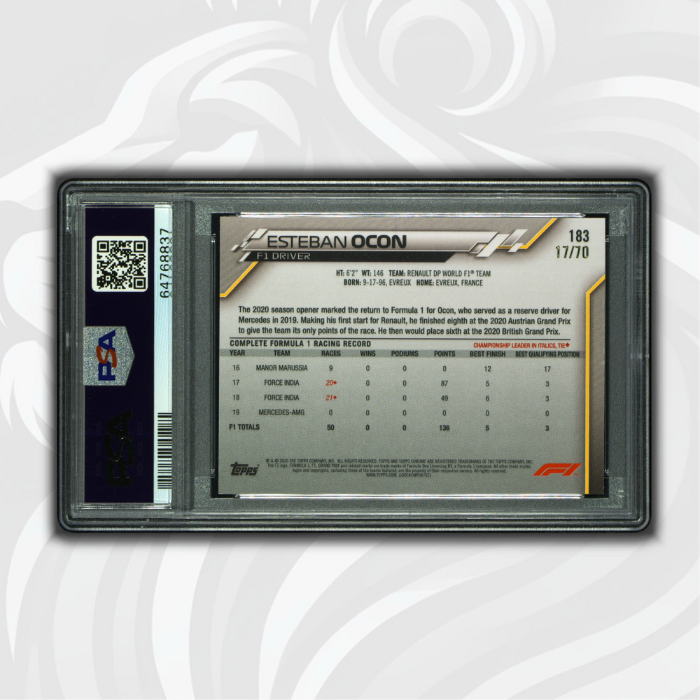PSA 7 - Esteban Ocon #183 - Sapphire Ed 70th Anvrs - 2020 Topps Chrome F1 - Back