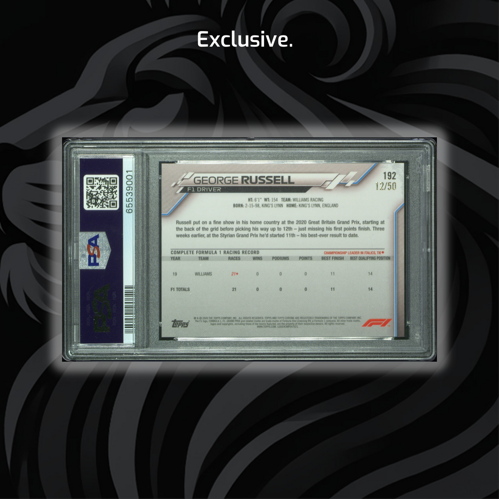 PSA 8 - 12/50 George Russell #192 - Sapphire Edition Gold - 2020 Topps Chrome F1 - Back