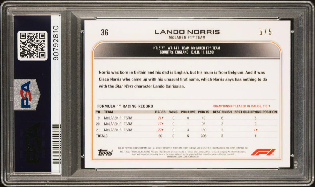 PSA 9 - 5/5 - Lando Norris #36 - Sapphire Edition - Red