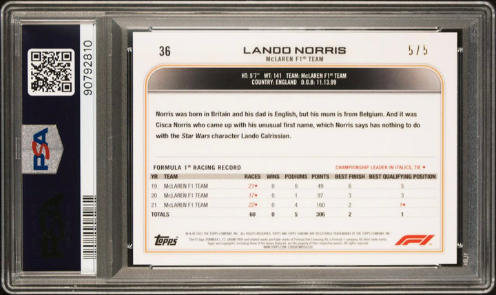 PSA 9 - 5/5 - Lando Norris #36 - Sapphire Edition - Red