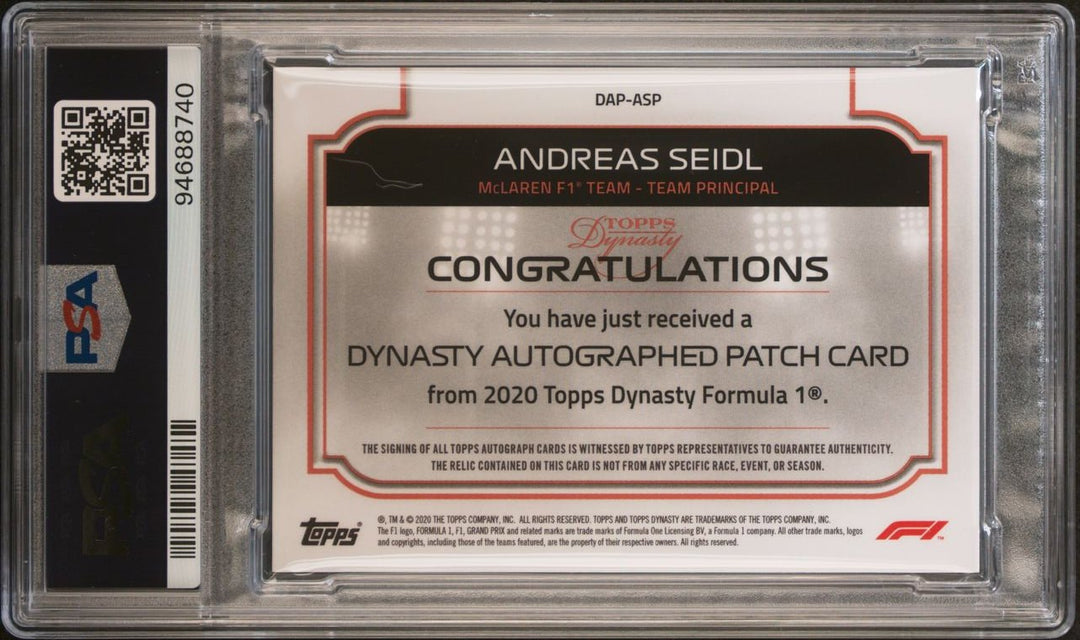 PSA 10 - 1/5 Andreas Seidl - DAP-ASP - 2020 Dynasty Autographed Patch