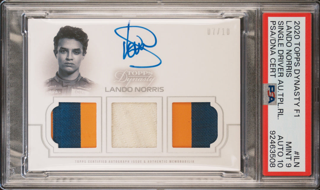 7/10 Lando Norris #4 - TRA-ILN - Auto Triple Patch - 2020 Topps Dynasty F1 - PSA 10&9