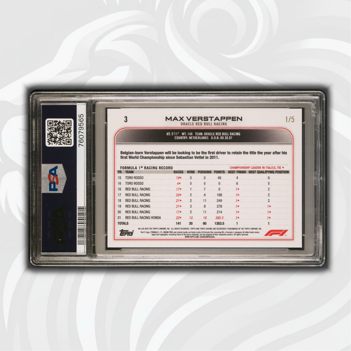 PSA 10 - 1/5 Max Verstappen #3 - Red Wave Refractor - 2022 Topps Chrome F1