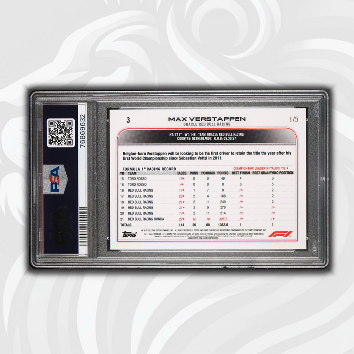 PSA 10 - 1/5 - Max verstappen #3 - Red Raywave Refractor - 2022 topps Chrome