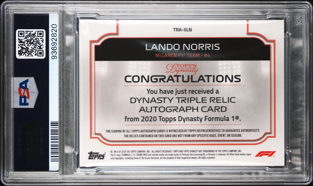 PSA 7 - 01/10 - Lando Norris - MCLaren F1 Team #4 - Dynasty Autograph Triple Relic