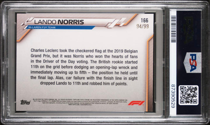PSA 9 - 94/99 - RC - Lando Norris #166 - Aqua - 2020 Topps Chrome F1 - Rookie Card