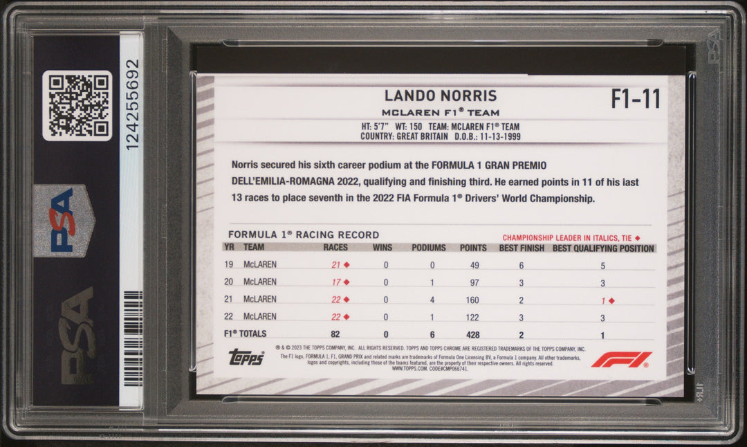 PSA 9 - 32/50 Lando Norris #11 - NSCC - Gold - 2023 Topps Chrome F1