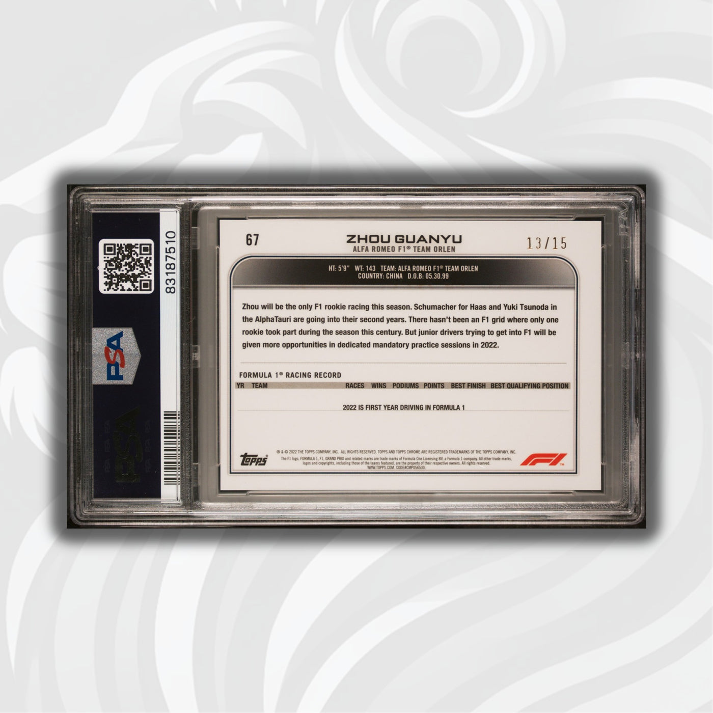 PSA 8 - 13/15 Zhou Gangyu #67 - Sapphire - Black & White - 2022 Topps Chrome F1