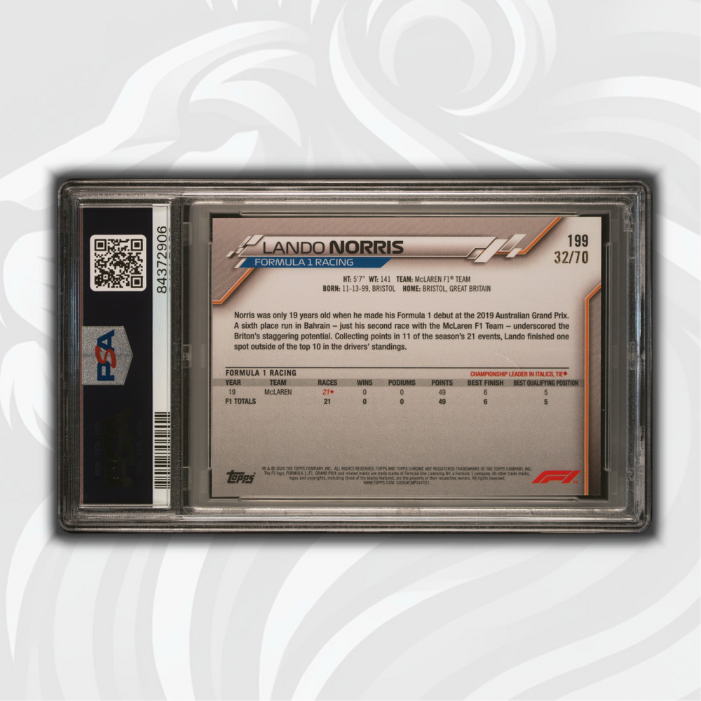 PSA 8 - 32/70 Lando Norris #199 - Sapphire Ed 70th Anvrs - 2020 Topps Chrome F1 - Back