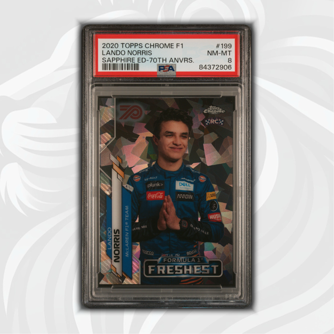 PSA 8 - 32/70 Lando Norris #199 - Sapphire Ed 70th Anvrs - 2020 Topps Chrome F1 - Front