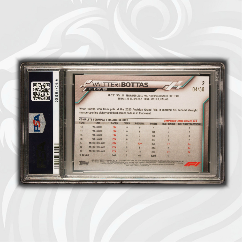 PSA 8 - 04/50 Valtteri Bottas #2 - Sapphire ED-Gold - 2020 Topps Chrome F1 - Back