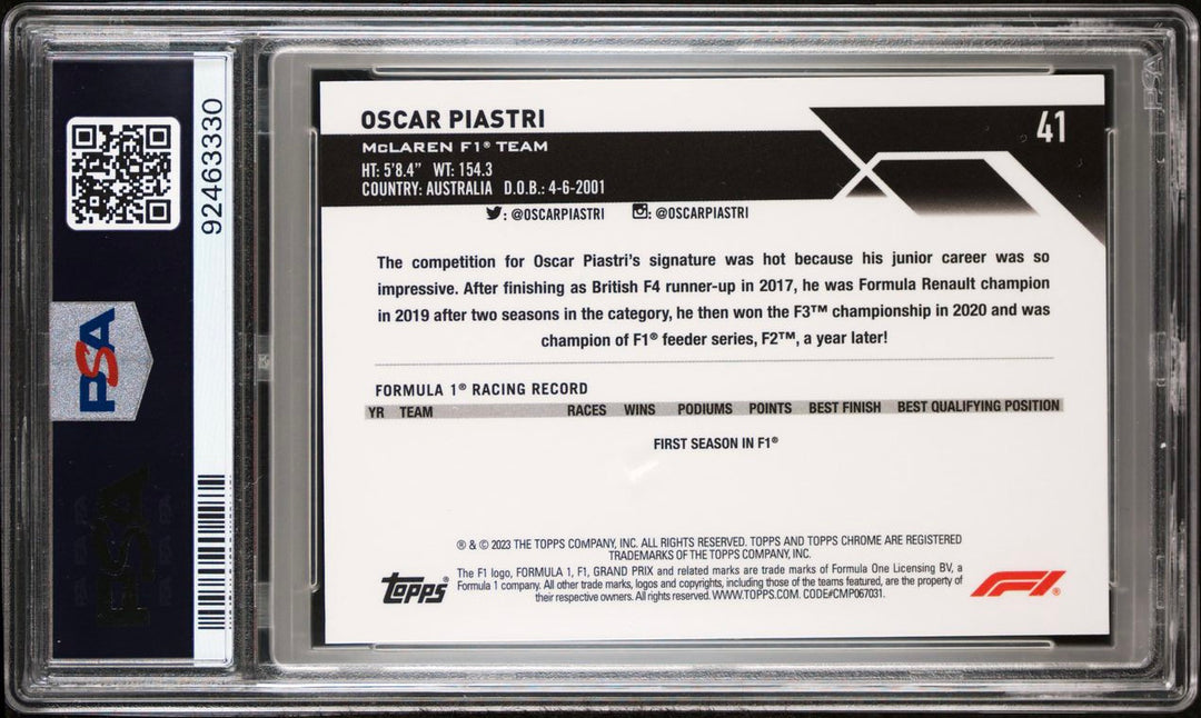 PSA 10 - /5 Oscar Piastri #41 - Red - 2023 Topps Chrome F1