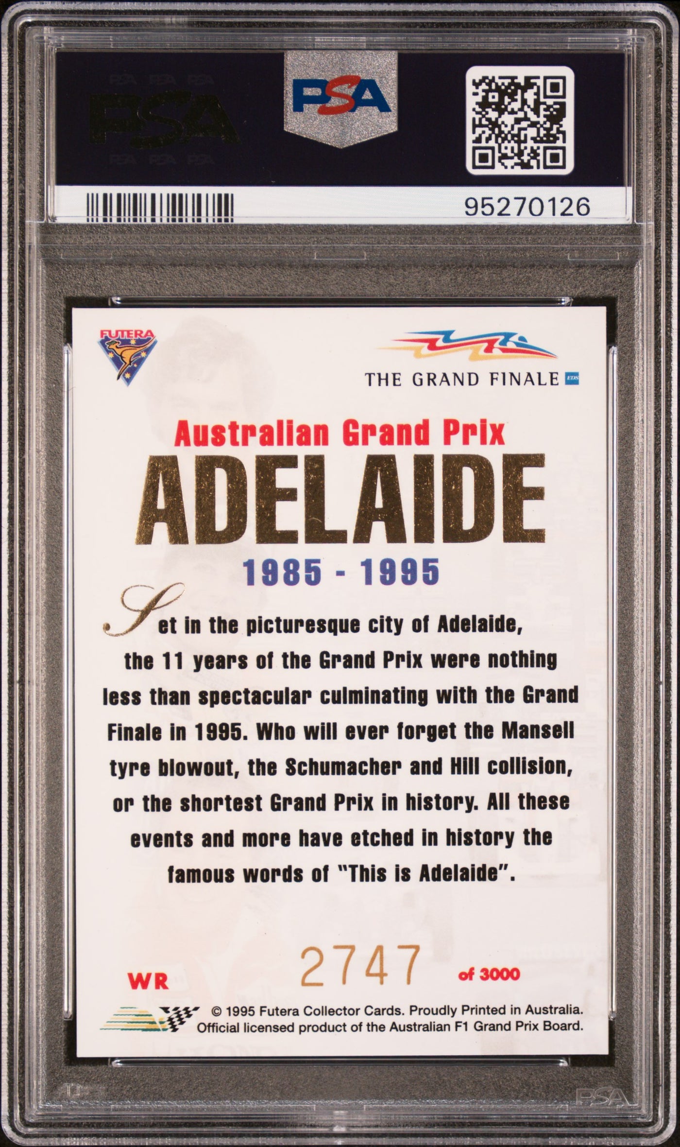 PSA 8 - 2747/3000 Thanks Adelaide #WR - 1995 Futera F1 Grand Prix - Redemption