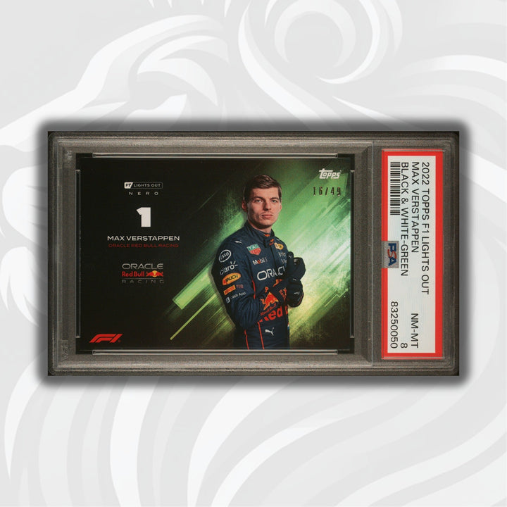 PSA 8 - 16/49 Max Verstappen - Black and White - 2022 Lights Out - Green