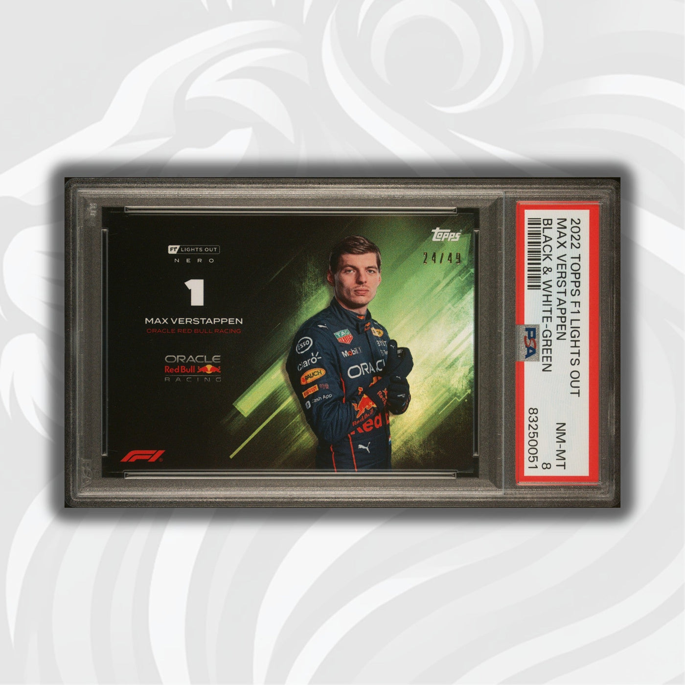 PSA 8 - 24/49 Max Verstappen - Black and White - 2022 Lights Out - Green