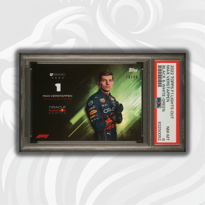 PSA 8 - 28/49 Max Verstappen - Black and White - 2022 Lights Out - Green