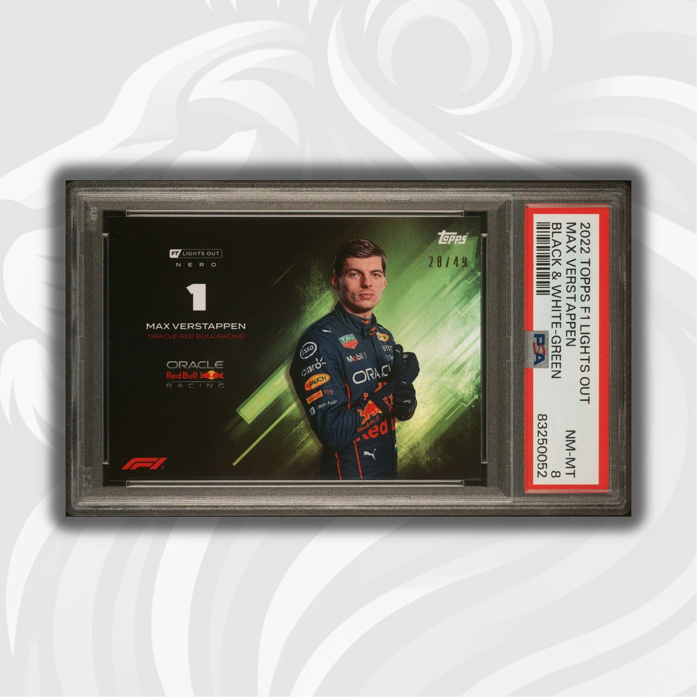 PSA 8 - 28/49 Max Verstappen - Black and White - 2022 Lights Out - Green