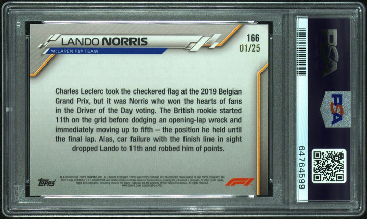 PSA 9 - 01/25 - RC - Lando Norris #166 - Orange - 2020 Topps Chrome F1 - Rookie Card