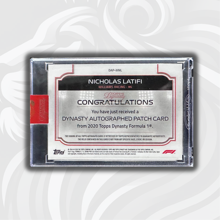 02/10 Nicholas Latifi #DAP-IIINL - Dynasty Autographed Patch - 2020 Topps Dynasty F1