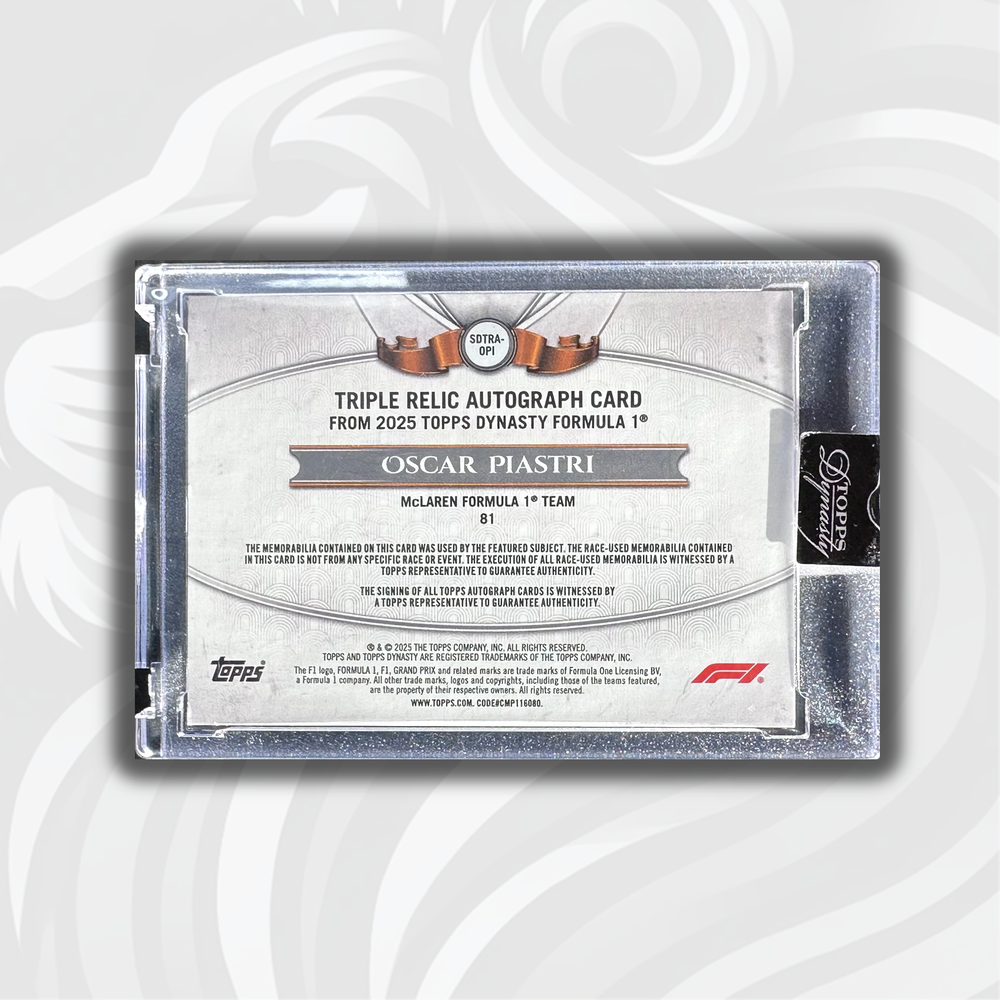 2/5 Oscar Piastri - Triple Relic Autograph - 2025 Topps Dynasty Formula 1 - Back
