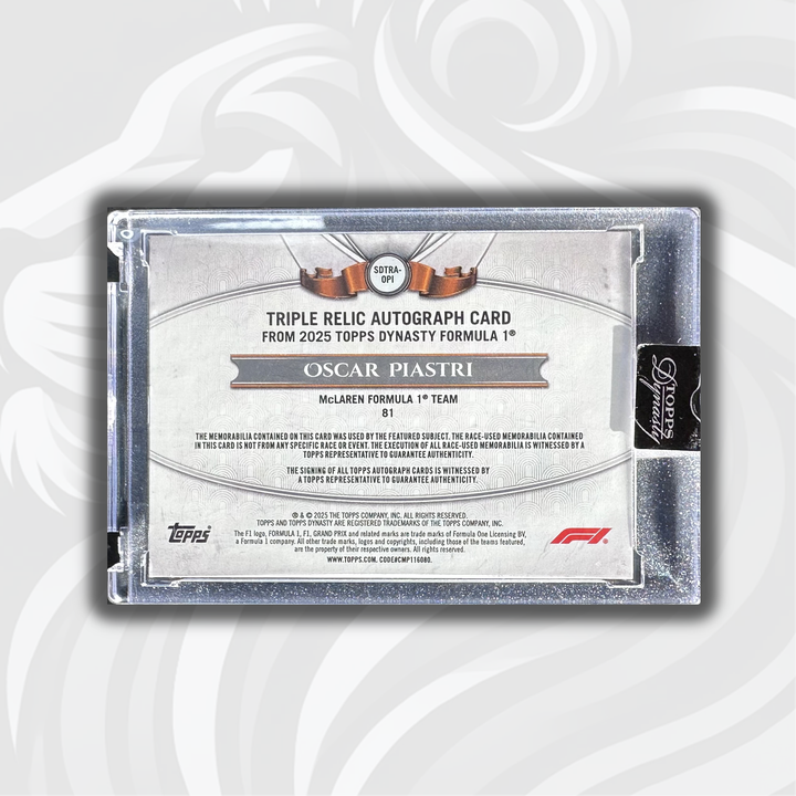 2/5 Oscar Piastri - Triple Relic Autograph - 2025 Topps Dynasty Formula 1 - Back