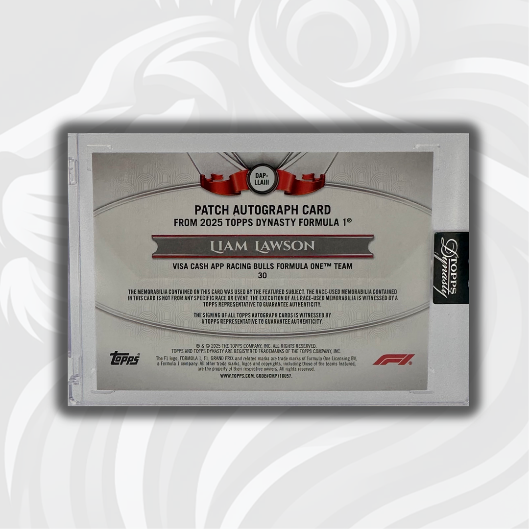 3/5 Red - Liam lawson #DAP-LLAIII - Patch Autograph - 2025 Topps Dynasty F1
