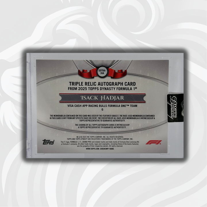10/10 Silver - Isack Hadjar #SDTRA-IHA - Triple Relic Autograph - 2025 Topps Dynasty F1